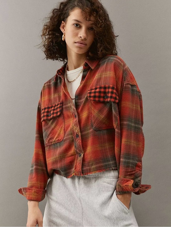 BDG Tops - Urban Outfitters BDG Rayne Flannel Boxy Cropped Shirt Scottish Checked Red Small